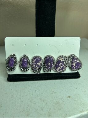 Purple Stone Floral Silver Stud Earrings Set of 3
